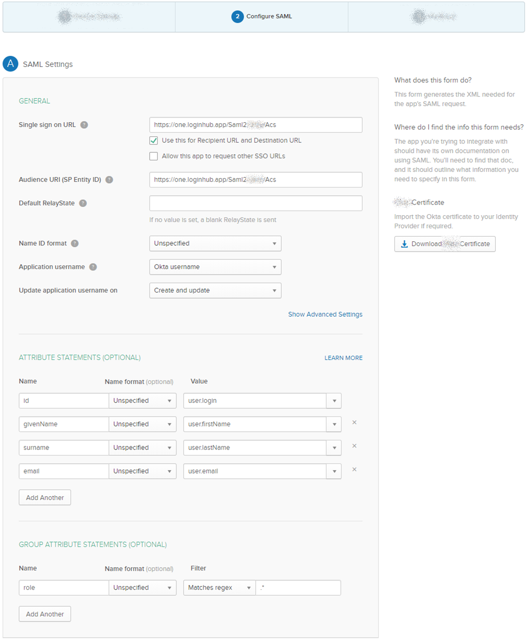 SAML Varied Settings Menu